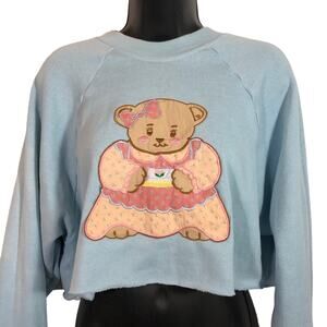 Cropped Sweatshirt Teddy Bear Applique Embroidery Light Blue Retro Vintage